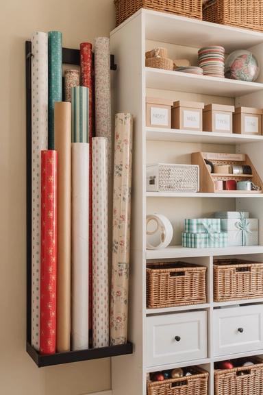 23 Holiday Decoration Storage Ideas That Prevent Chaos Every Year 6 Dedicated Wrapping Paper and Gift Supply Station
