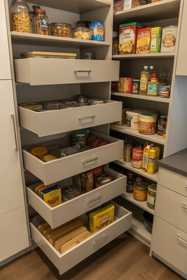 Drawer-Based Pantry Storage for Deep Shelf Control
