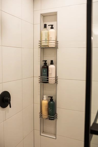 Slim Wall-Mounted Bottle Shelves in a Vertical Line