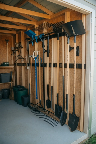23 Garden Tool Organization Ideas for Garage and Shed Storage 6 Use Vertical Tool Holders for Long-Handled Tools