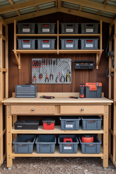 21 Shed Storage Organization Ideas That Keep Tools Visible 6 Dedicated Workbench with Built-In Storage