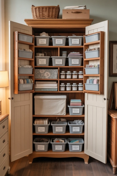 21 Vintage Craft Room Ideas for a Cozy Creative Space 7 Armoire Craft Storage for Hidden Organization