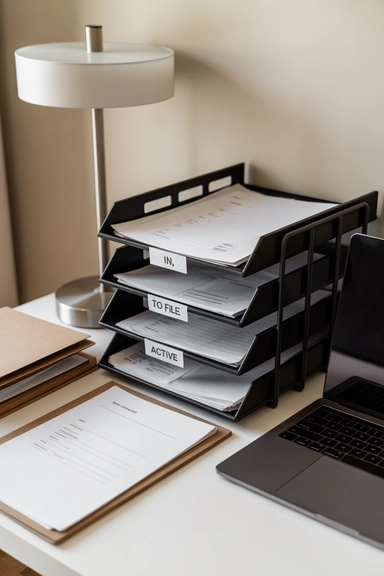 Home Office Storage Ideas That Keep Workspaces Clear 7 6 Use Desktop Trays to Control Paper Flow result
