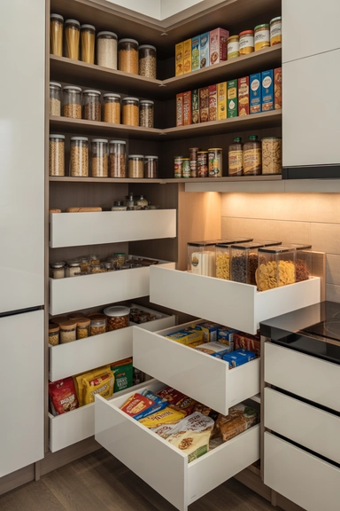Corner Pantry Shelves With Drawer Storage Below