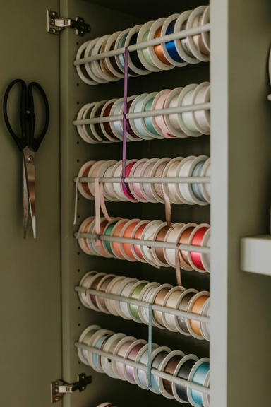 21 Gift Wrap Storage Ideas That Keep Supplies Organized 7 Ribbon Storage with Spool Control Rods