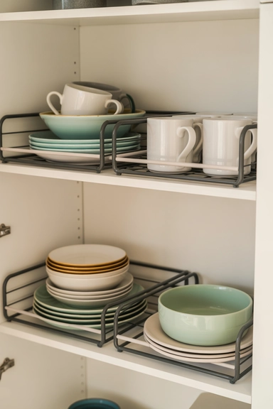 22 Amazon Home Organization Finds for Small Spaces 7 Shelf Risers That Double Usable Cabinet Height