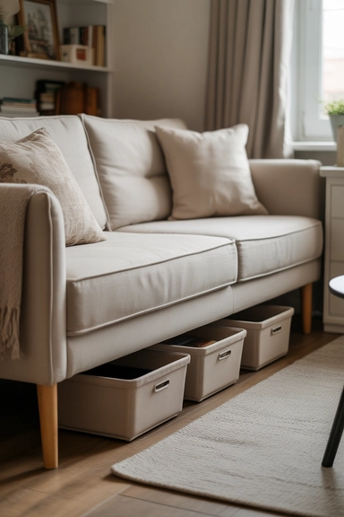 25 Small Living Room Storage Ideas That Reduce Visual Clutter 7 Under-Sofa Storage That Uses Hidden Floor Space