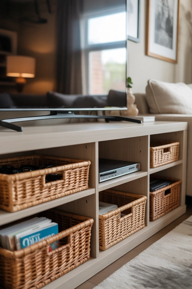21 TV Stand Storage Ideas That Hide Everyday Mess 7 Under-TV Baskets That Contain Daily Clutter