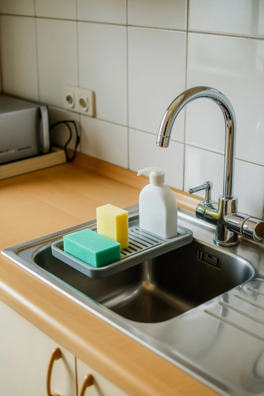 21 Small Kitchen Organization Ideas for Apartments That Actually Work 7 Use Sink Caddies to Control Cleaning Clutter