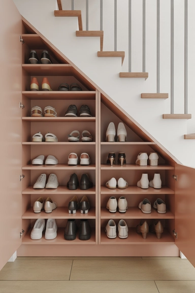 21 Under Stairs Storage Ideas That Turn Dead Space Useful 7 Vertical Shoe Storage That Uses the Full Stair Angle