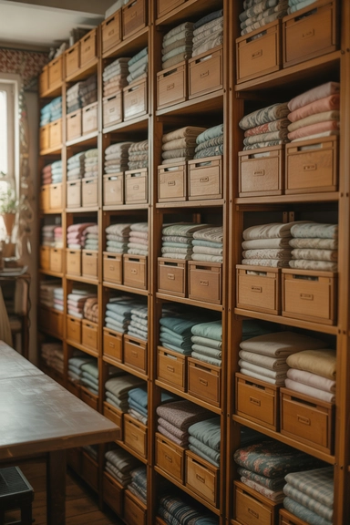 21 Vintage Craft Room Ideas for a Cozy Creative Space 8 Fabric Storage Display With Open Bins