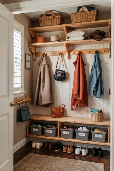 23 Coat Closet Organization Ideas That Actually Work 8 Utilize Vertical Peg Rails for Maximum Wall Storage