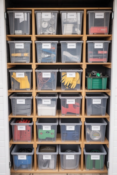 21 Shed Storage Organization Ideas That Keep Tools Visible 8 Clear Storage Bins with Category-Based Labeling