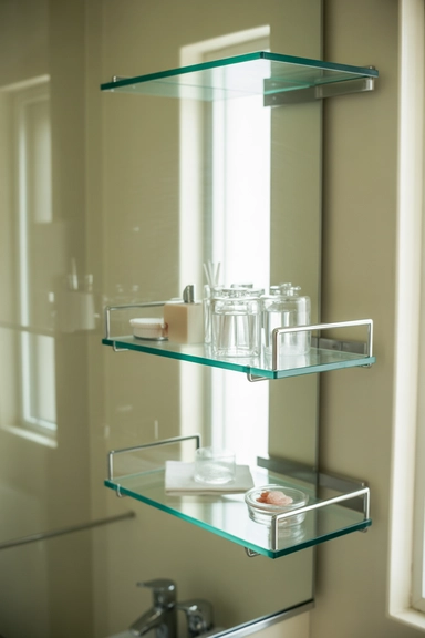 Glass Wall Shelves That Keep the Room Visually Light