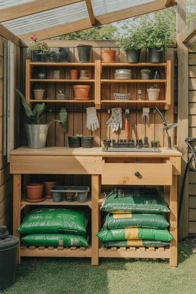 23 Garden Tool Organization Ideas for Garage and Shed Storage 8 Use a Potting Bench With Built-In Storage