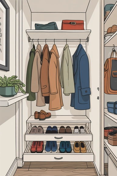 23 Coat Closet Organization Ideas That Actually Work 9 Install a Pull-Out Shoe Drawer for Hidden Storage