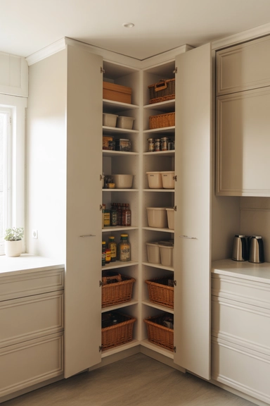 Corner Pantry With Doors That Hide Visual Clutter