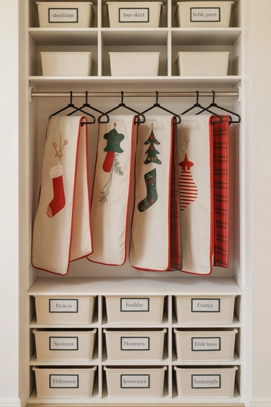 23 Holiday Decoration Storage Ideas That Prevent Chaos Every Year 9 Hanging Garment Bags for Fabric Decor