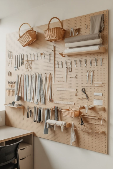 Pegboard Fabric and Tool Zones on One Wall