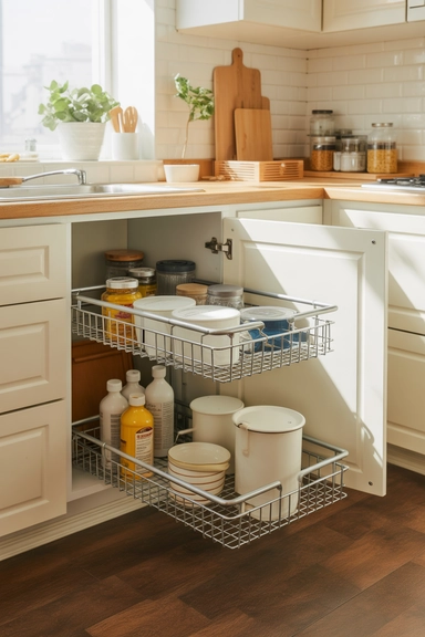 23 Under $20 Kitchen Organizer Ideas for Small Kitchens 9 Pull-Out Cabinet Baskets for Tight Spaces
