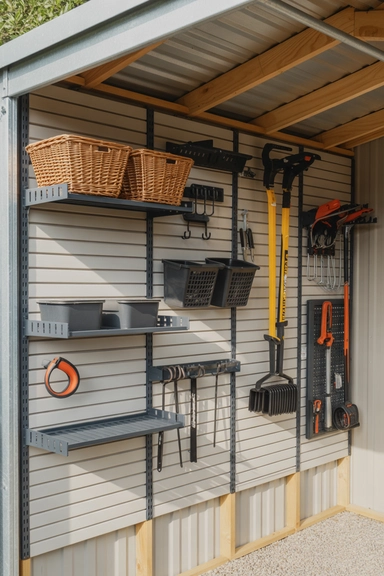 21 Shed Storage Organization Ideas That Keep Tools Visible 9 Slat Wall Panels for Adjustable Tool Storage