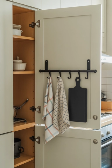 21 Small Kitchen Organization Ideas for Apartments That Actually Work 9 Use Over-the-Cabinet Hooks for Instant Storage