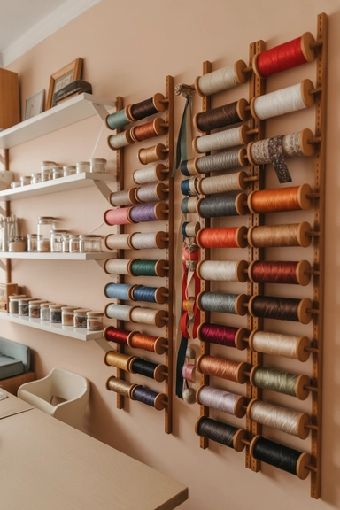 21 Vintage Craft Room Ideas for a Cozy Creative Space 10 Wall-Mounted Thread and Ribbon Displays