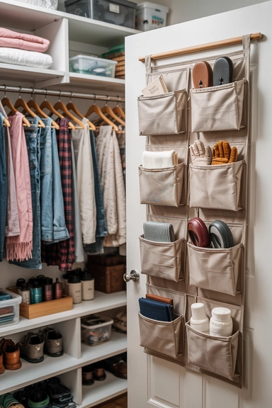 23 Coat Closet Organization Ideas That Actually Work 10 Add Over-the-Door Storage for Extra Small Item Organization
