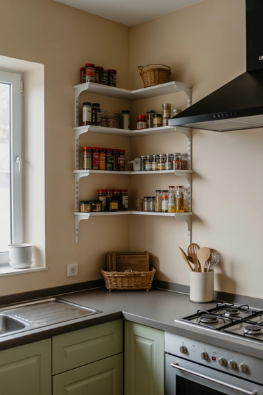 Corner Shelves That Turn Awkward Counter Angles Useful