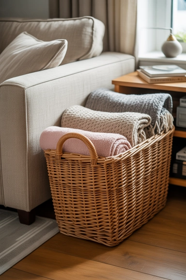 Use a Decorative Blanket Basket Beside the Sofa