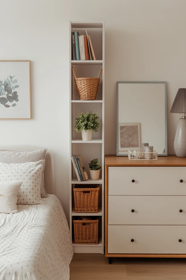 23 Bedroom Dresser Organization Ideas for a Clutter-Free Room 10 Install a Slim Bookshelf Beside the Dresser