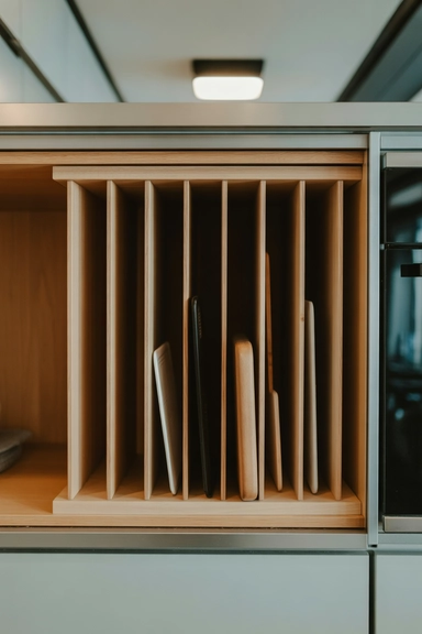 21 Cutting Board Organization Ideas for Small Kitchens 2 Vertical Cabinet Slots That Keep Boards Easy to Grab