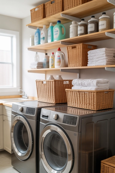 21 Smart Laundry Room Storage Ideas That Save Space 2 Vertical Shelving Above the Washer and Dryer