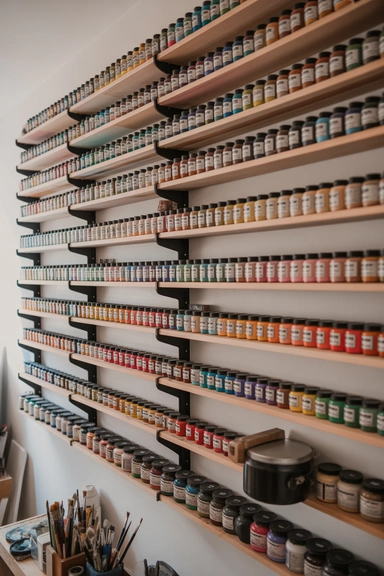21 Paint Storage Ideas to Keep Supplies Organized 2 Wall Mounted Paint Storage Shelves