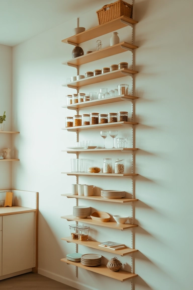 22 Genius Tiny Kitchen Storage Without Cabinets 2 Floor-to-Ceiling Floating Shelves That Create a Visual Grid