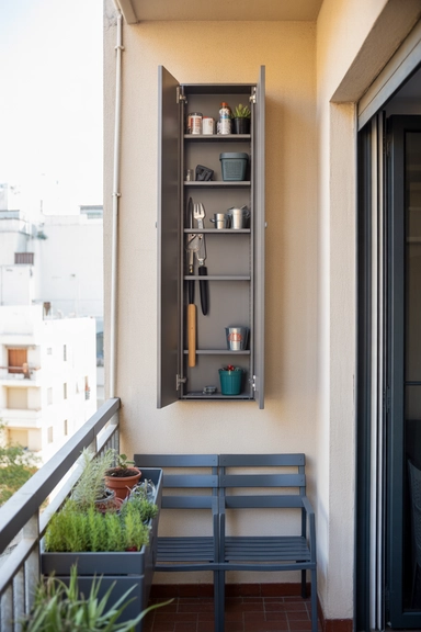 22 Small Balcony Storage Ideas That Add Space 2 Vertical Wall-Mounted Cabinet With Weatherproof Doors