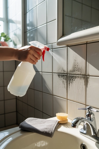 Vinegar Spray That Breaks Down Mold on Bathroom Tiles