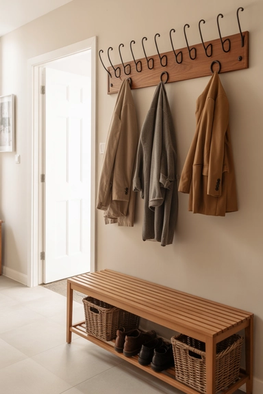  Wall-Mounted Coat Rack Above a Slatted Shoe Bench