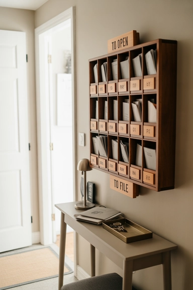 Wall-Mounted Mail Slots Above a Slim Console