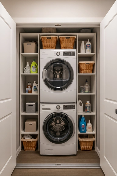 21 Smart Laundry Room Storage Ideas That Save Space 11 Stackable Washer and Dryer Storage Shelves