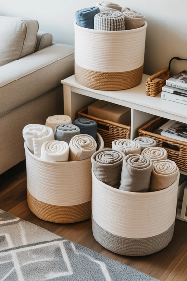 Roll Blankets Inside Decorative Bins