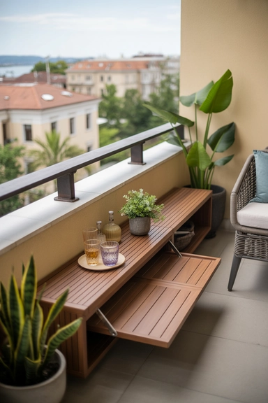 22 Small Balcony Storage Ideas That Add Space 11 Built-In Railing Shelf With Hidden Compartments