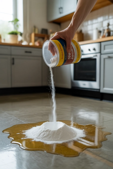 Cornstarch Absorbs Grease Spills on Hard Floors Fast