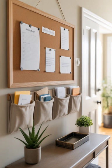 Framed Corkboard With Attached Mail Pockets