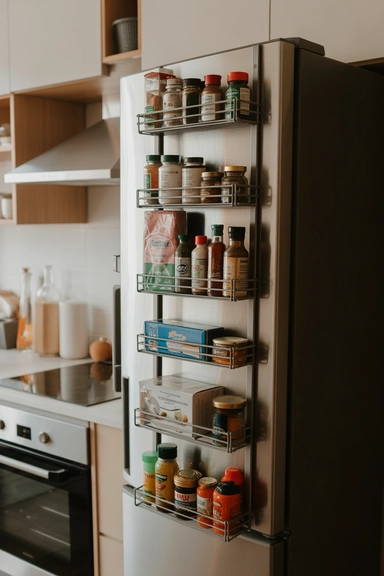 22 Genius Tiny Kitchen Storage Without Cabinets 12 Side-of-Fridge Vertical Pantry Strip