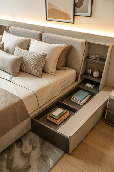 Storage Headboard With Concealed Sliding Panels