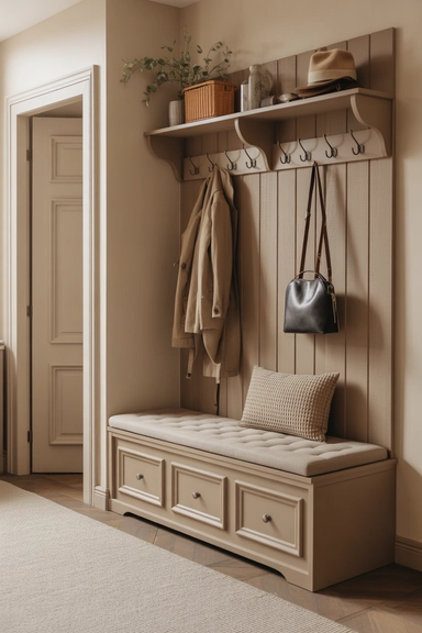 Upholstered Storage Bench with Integrated Back Panel Hooks