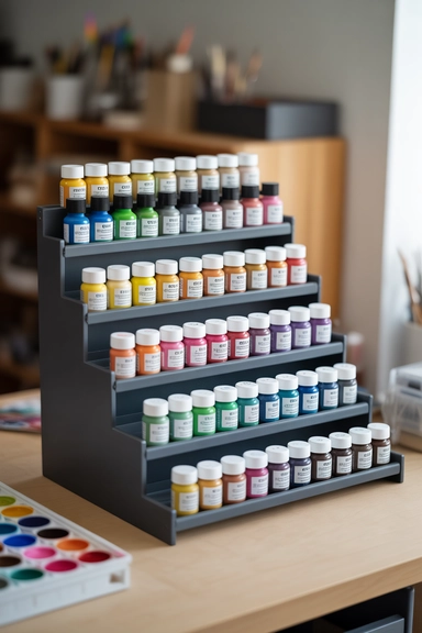 21 Paint Storage Ideas to Keep Supplies Organized 13 Tiered Paint Bottle Stands