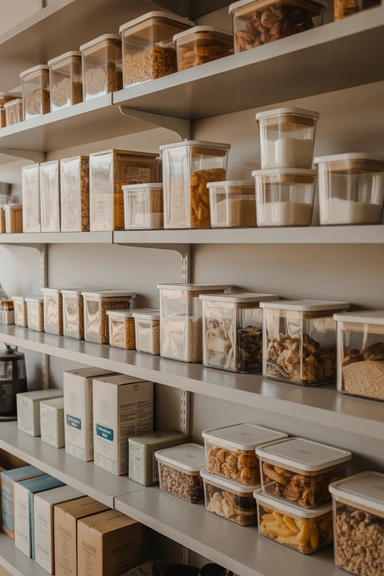 22 Pantry Shelf Organization Ideas That Work 13 Clear Decanting for Bulky Packaging
