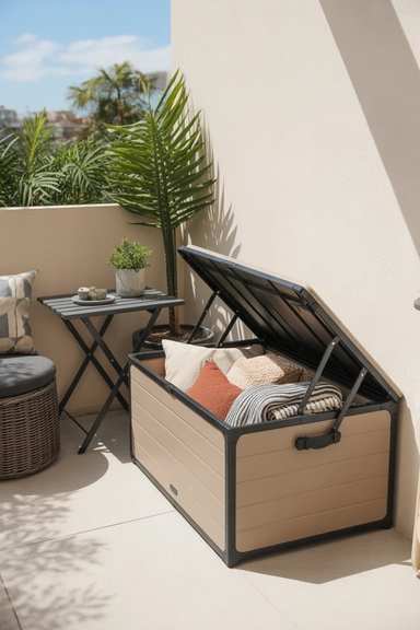 22 Small Balcony Storage Ideas That Add Space 13 Foldable Outdoor Storage Chest for Seasonal Swaps